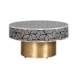 Elegante bijzettafel met geometrisch zwart-wit patroon en goudkleurige basis, perfect voor modern interieur en salon of woonkamer decoratie.