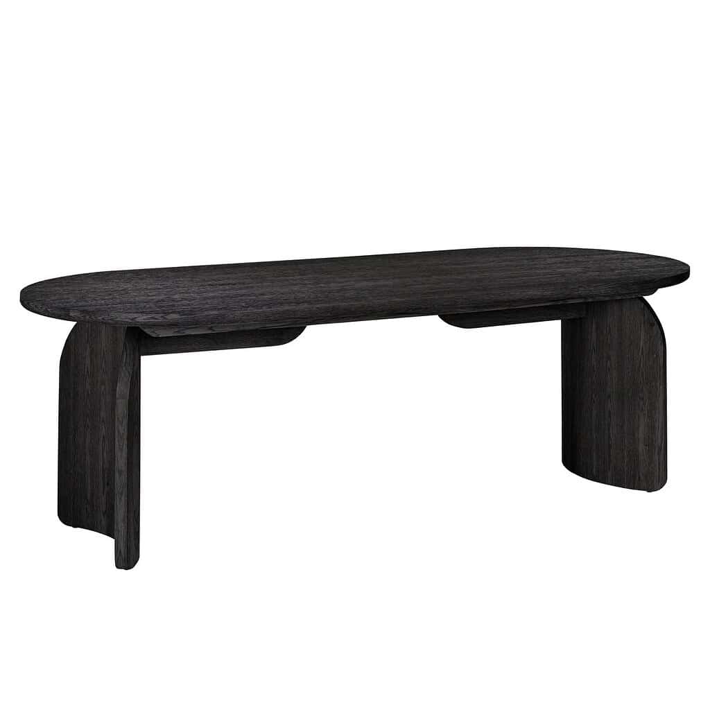 Natuurhouten bank met zwart eikenafwerking, uniek design en ambachtelijke afwerking. Perfect als opvallend accent in je interieur of tuin. Mokana Meubelen biedt stijlvolle houten meubels.