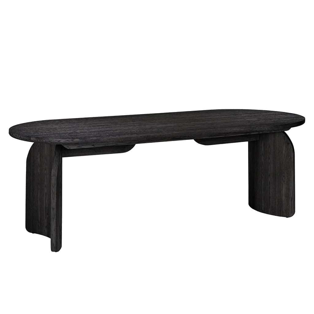 Robuuste zwarte houten bank met eigentijds design, perfect voor woonkamer of ontvangsthal, gemaakt van hoogwaardig massief hout door Mokana Meubelen.