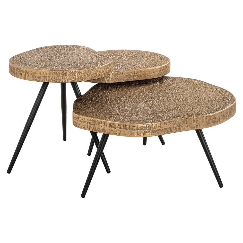 Ronde bijzettafels van Mokana Meubelen met houten bladen en zwarte metalen poten voor een modern interieur.