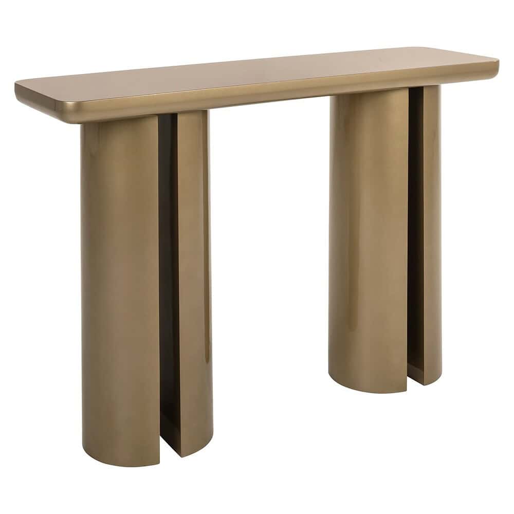 Elegante goudkleurige console tafel met moderne, gebogen pootdesign, perfect voor stijlvolle inrichting en opbergruimte in woonkamer of entree.