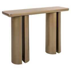 Elegante goudkleurige console tafel met moderne, gebogen pootdesign, perfect voor stijlvolle inrichting en opbergruimte in woonkamer of entree.