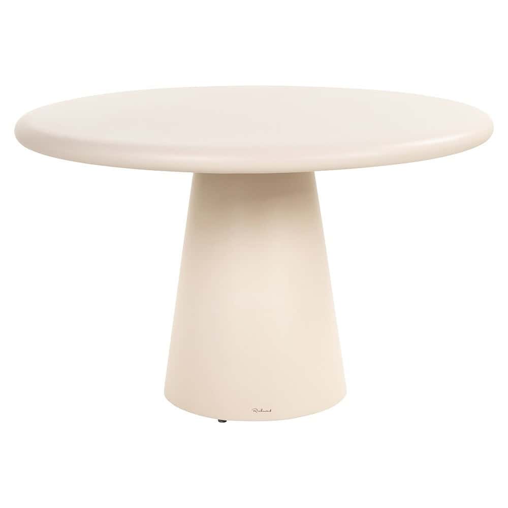 Elegante ivoorkleurige bijzettafel met afgeronde eigenschappen, modern design en stevige basis, ideaal voor woonkamer of slaapkamer.