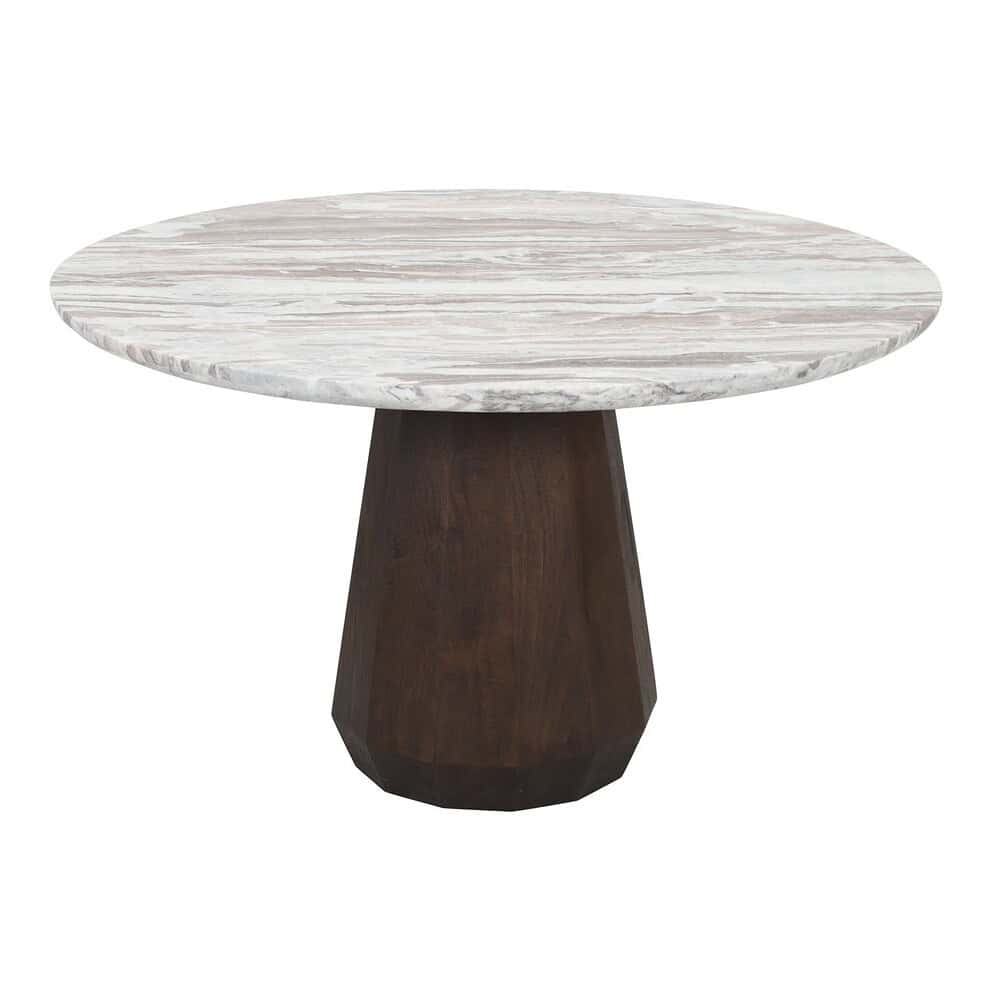 Elegante houten eettafel met marmeren blad en robuuste zwarte onderstel, perfect voor moderne eetkamers en interieurdesign.