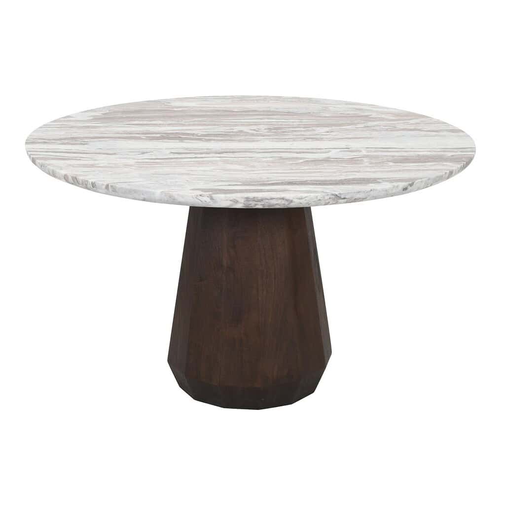 Elegante houten eettafel met marmeren blad en robuuste zwarte onderstel, perfect voor moderne eetkamers en interieurdesign.