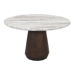 Elegante houten eettafel met marmeren blad en robuuste zwarte onderstel, perfect voor moderne eetkamers en interieurdesign.