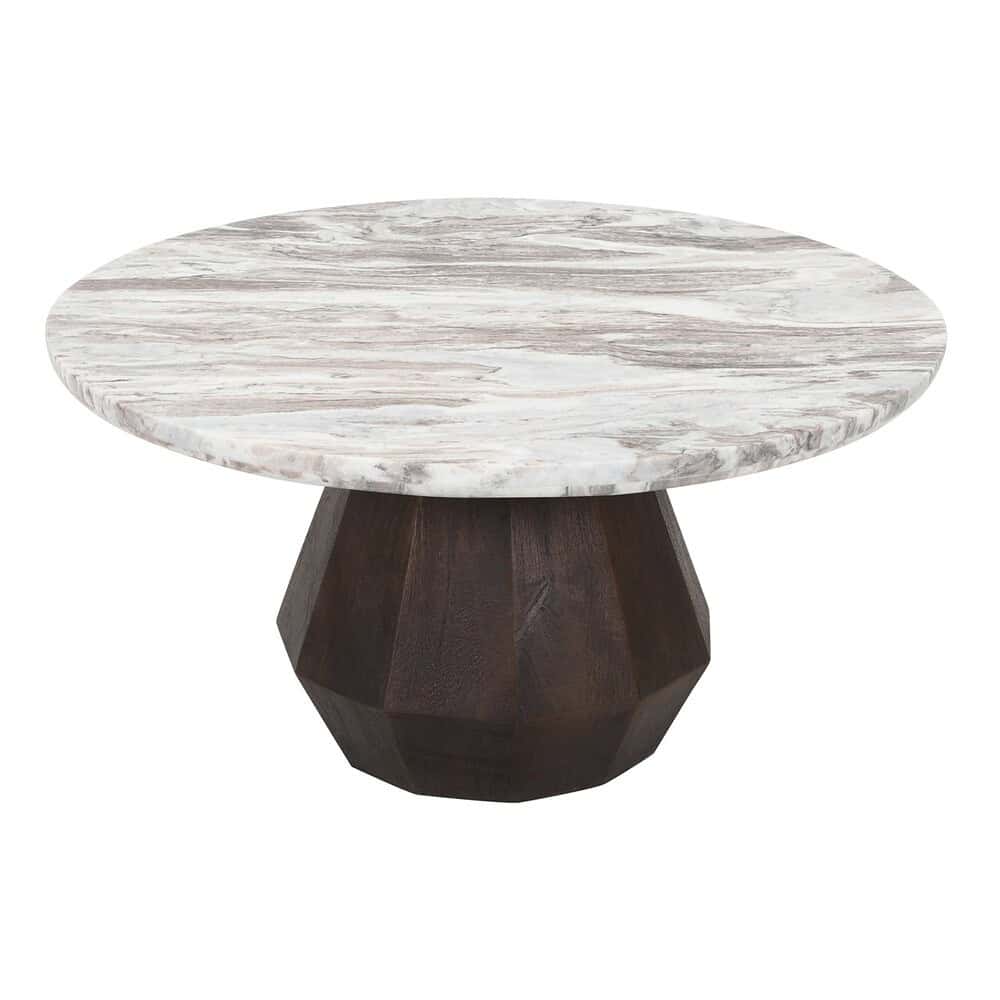 Ronde eettafel met marmeren blad en donkere houten fundering, modern meubelstuk met natuurlijke materialen voor luxe woondecoratie.