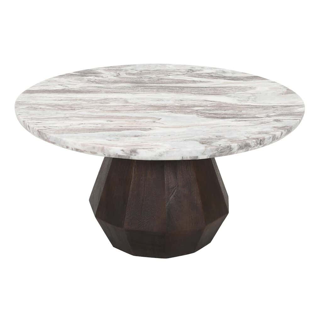 Ronde eettafel met marmeren blad en donkere houten fundering, modern meubelstuk met natuurlijke materialen voor luxe woondecoratie.