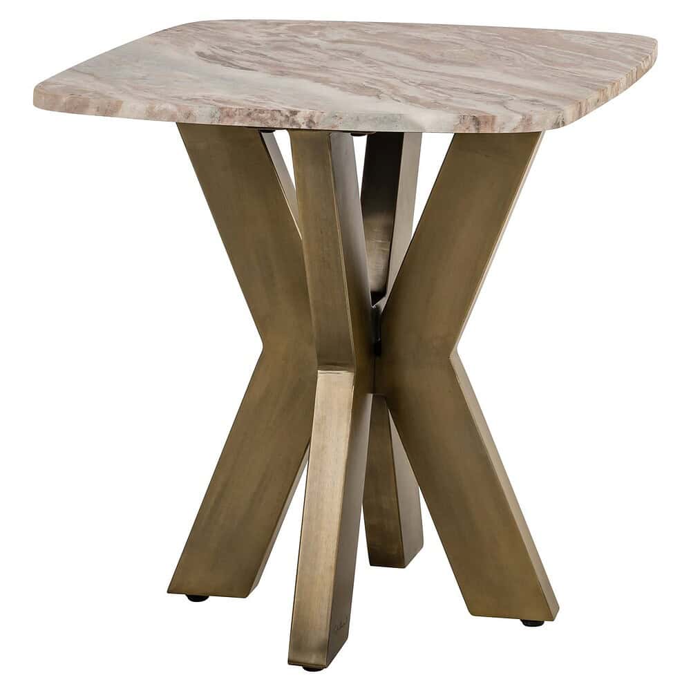 Elegante eettafel met marmeren blad en unieke gouden metalen onderstel, perfect voor een luxe en stijlvolle woonkamer of eetkamer.