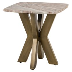 Elegante eettafel met marmeren blad en unieke gouden metalen onderstel, perfect voor een luxe en stijlvolle woonkamer of eetkamer.