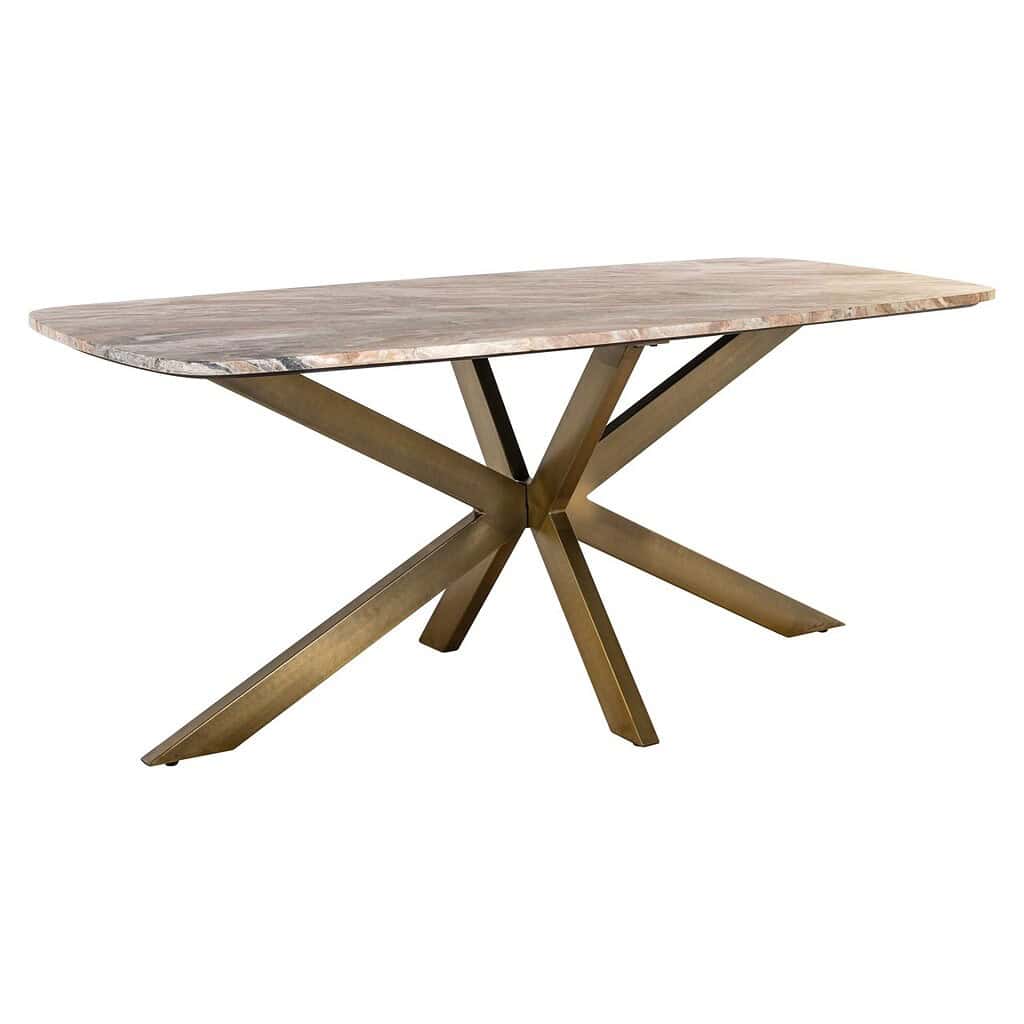 Elegante design eettafel met rustiek houten blad en gouden metalen onderstel, perfect voor een moderne woonstijl.
