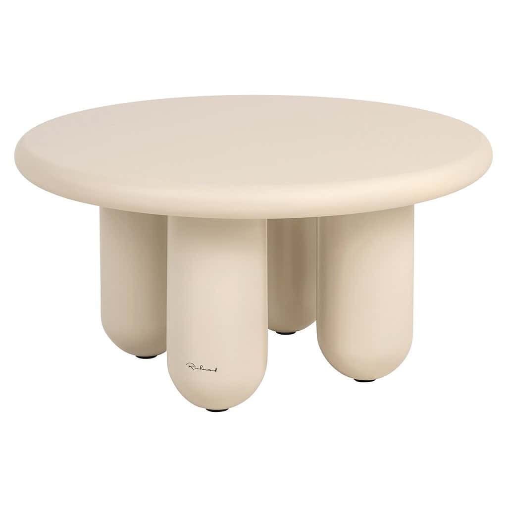 Elegante ronde salontafel in cremekleurig matte afwerking, modern design met dikke pootjes, perfect voor een stijlvolle woonkamer.