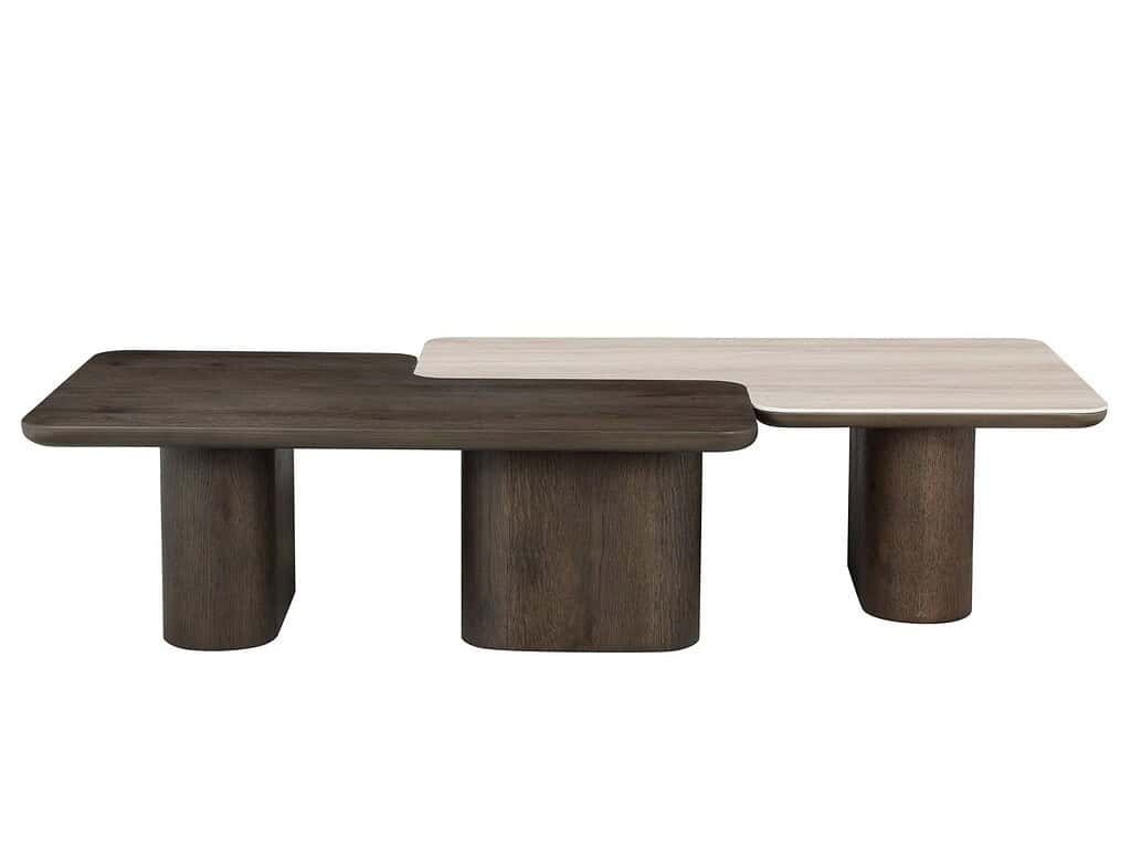 Uniek gedurfd eettafel met een speelse ontwerp, gemaakt van massief hout in twee tinten, modern, functioneel en perfect voor elke eetkamer.