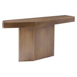 Modern eiken console tafel met afgeronde hoeken en strak ontwerp, perfect voor interieur decoratie en woonaccessoires.