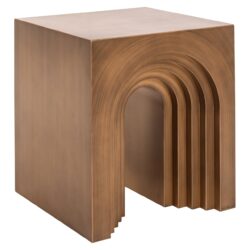 Minimalistische houten bijzettafel met uniek arched design, vervaardigd uit hoogwaardig hout, geschikt voor moderne interieurs en stijlvolle woondecoratie.