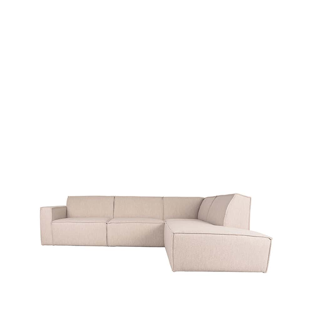 Elegante hoekbank van Mokana Meubelen in een lichte, zachte stof, perfect voor moderne woonruimtes en comfortabel relaxen.