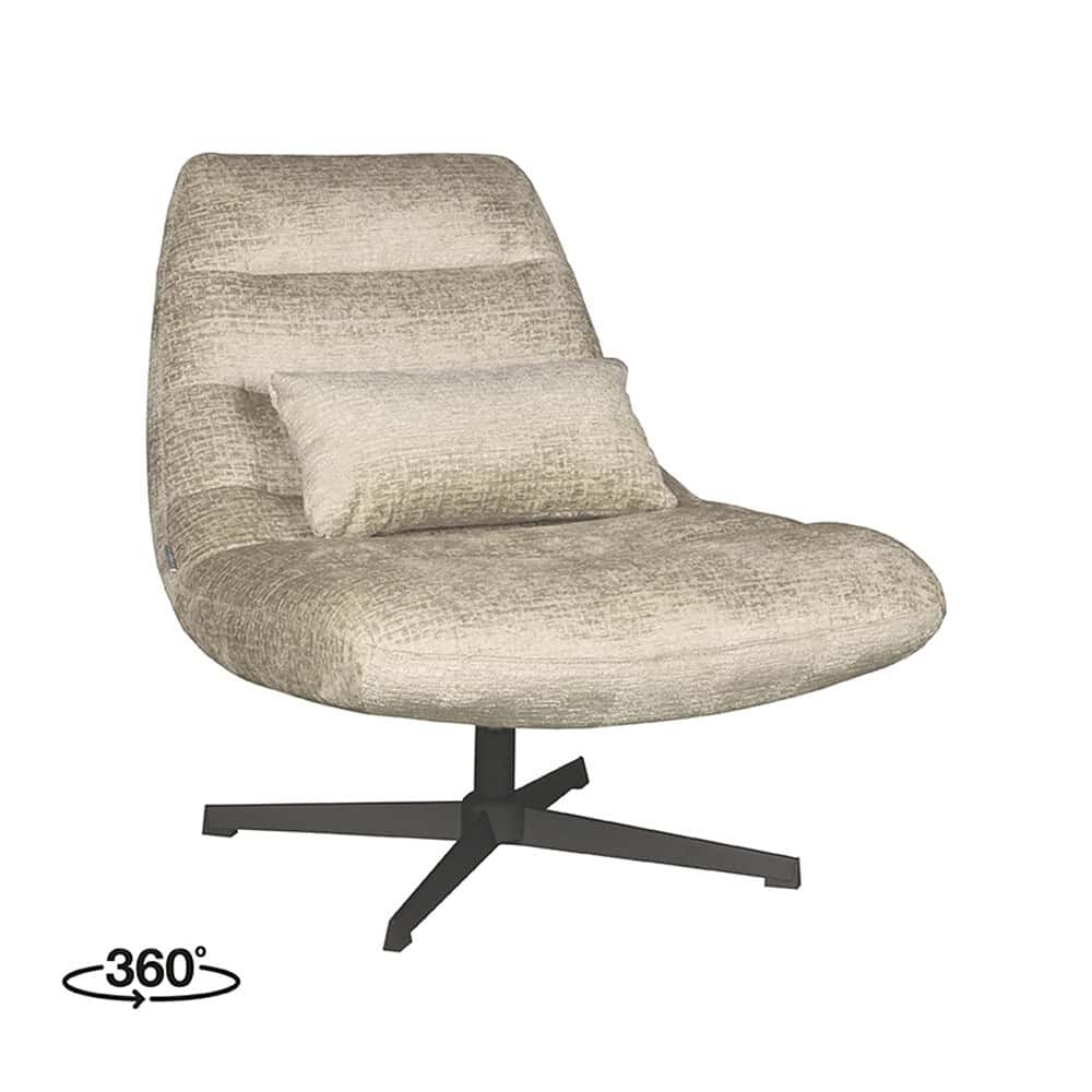 Vintage fauteuil met beige gestreepte bekleding en zwarte draaivoet, perfect voor stijlvolle en comfortabele zithoek, onderdeel van Mokana Meubelen collectie.
