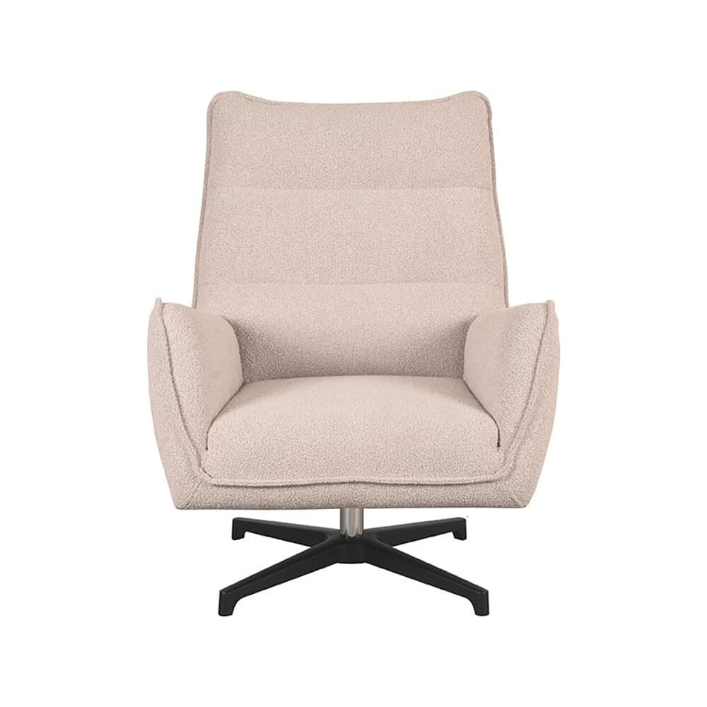 Elegant design fauteuil met zachte bekleding en draaibare onderstructuur, perfect voor moderne interieurstijl en comfort.