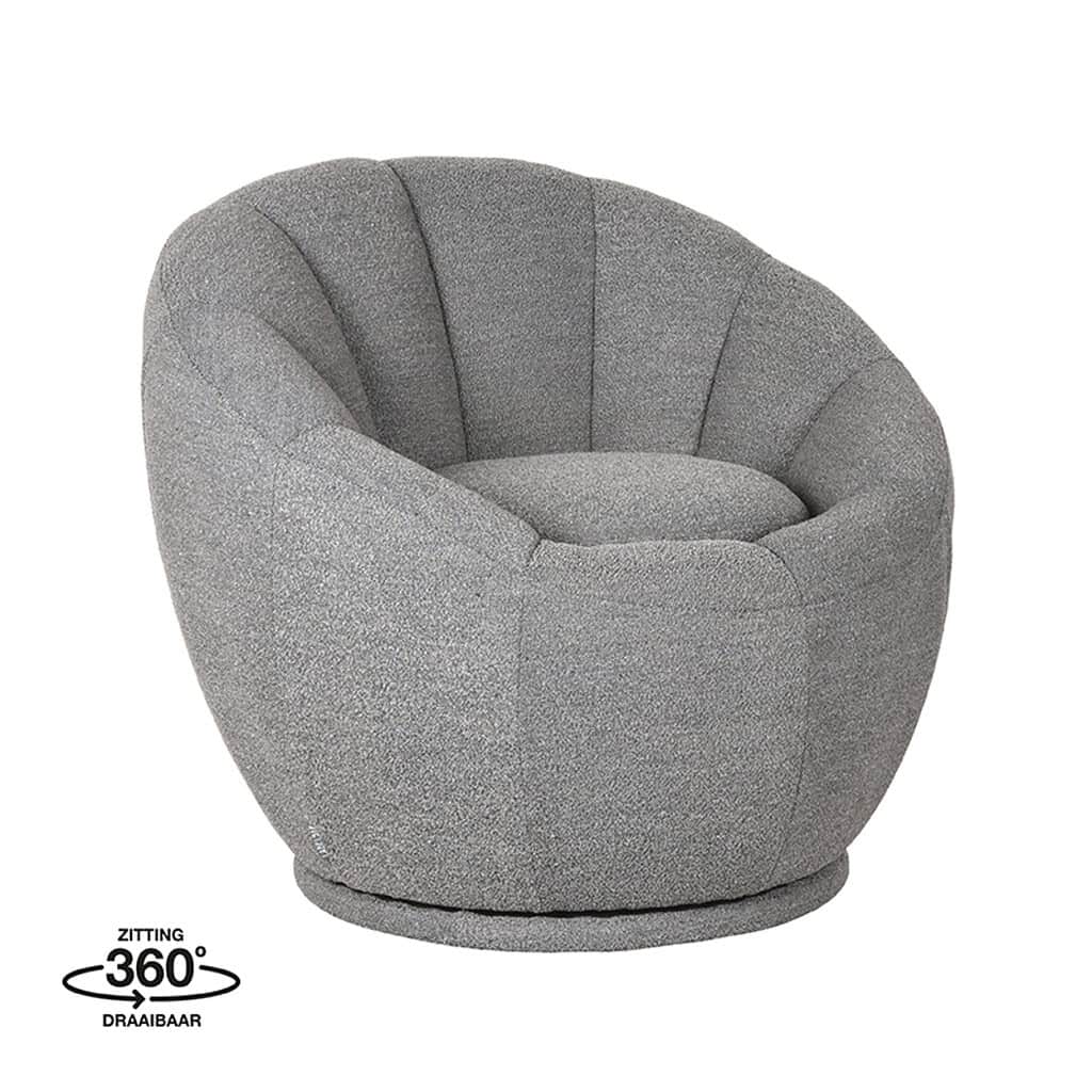 Zitting 360° draaibaar, Mokana Meubelen, comfortabele ronde design fauteuil, modern en stijlvol interieur, duurzame materialen, perfect voor lounge of woonkamer.