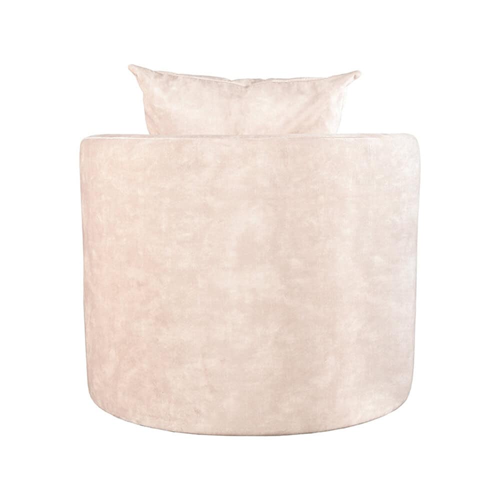 Elegante bedbank met strakke, ronde vormen en zachte, luxe bekleding in een lichte, neutrale kleur, perfect voor moderne slaapkamers en maatwerk meubilair.