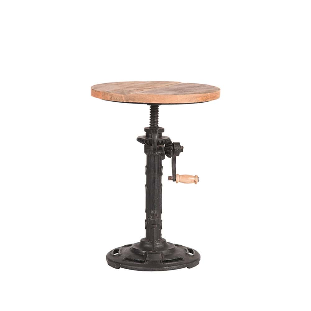 Robuuste vintage industriële tafel met houten blad en ijzeren onderstel, perfect voor een retro interieur. Handgemaakt meubelstuk, ideaal voor woonkamer, keuken of bar.