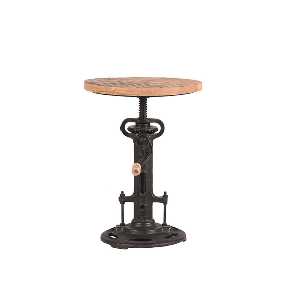 Vintage industriële bijzettafel met houten blad en zwart metalen onderstel.