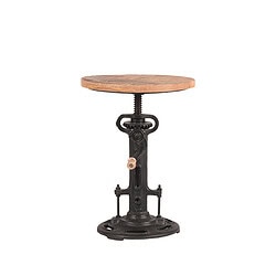 Vintage industriële bijzettafel met houten blad en zwart metalen onderstel.