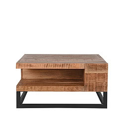 Robuuste houten salontafel met open opbergruimte en zwart metalen frame, perfect voor een modern interieur. Gemaakt van duurzaam mangohout, stijlvol en functioneel design.