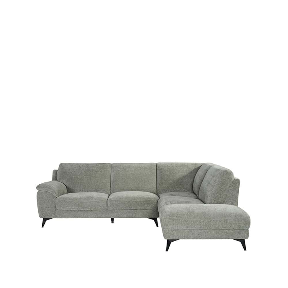 Zachte grijze hoekbank met modern design en comfortabele kussens, perfect voor een stijlvolle woonkamer.