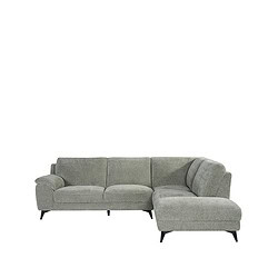 Zachte grijze hoekbank met modern design en comfortabele kussens, perfect voor een stijlvolle woonkamer.