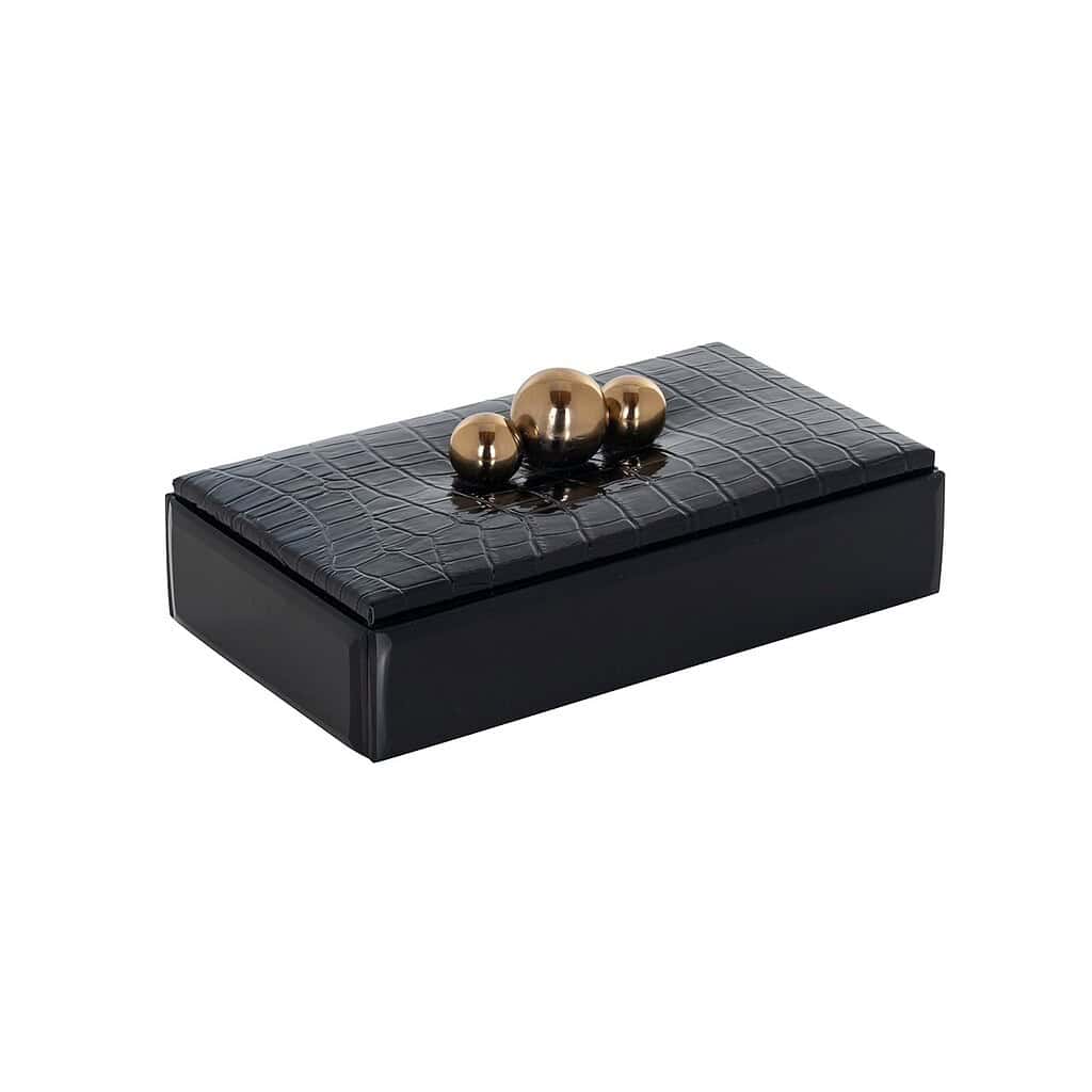Contrabox met krokodillenpatroon en gouden ballen, modern design, luxe opbergoplossing, Mokana Meubelen.