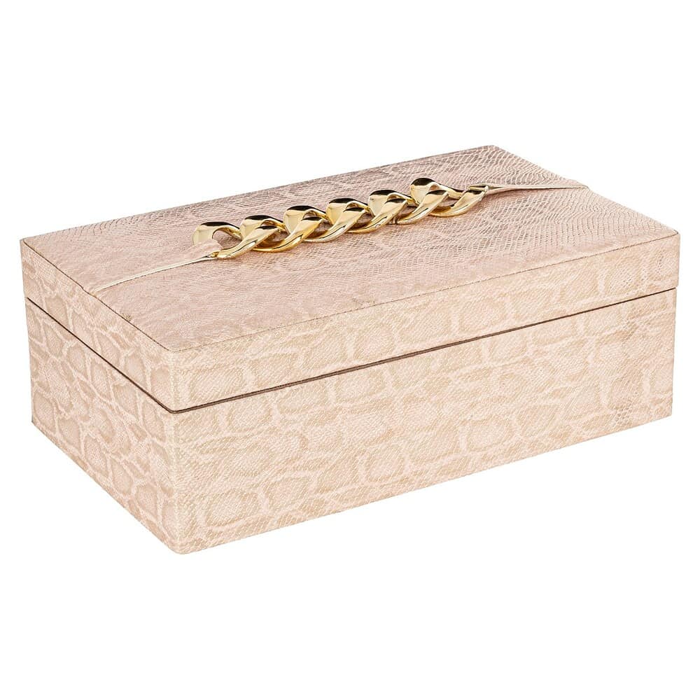 Elegantiche houten sieradenbox met gouden ketting decoratie, perfect voor het organiseren van accessoires. Luxe design in subtiele roze tinten, ideaal voor modern en chique interieur.