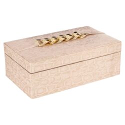 Elegantiche houten sieradenbox met gouden ketting decoratie, perfect voor het organiseren van accessoires. Luxe design in subtiele roze tinten, ideaal voor modern en chique interieur.