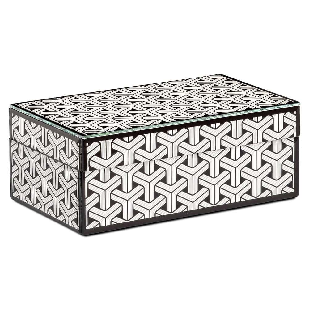 Gepatterneerde teakhouten opbergkist met zwart-witte geometrische print, modern design voor woonkamer of slaapkamer, Mokana Meubelen.