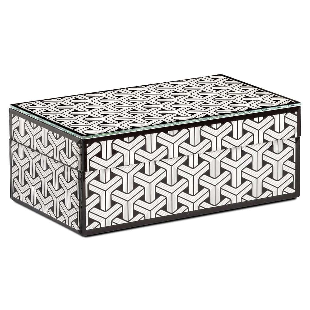 Gepatterneerde teakhouten opbergkist met zwart-witte geometrische print, modern design voor woonkamer of slaapkamer, Mokana Meubelen.