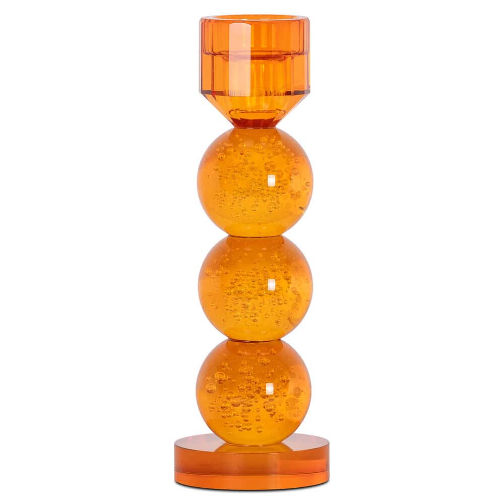 Glazen designvaas in oranje kleur met bubbels, moderne decoratie voor woonkamer of terras.