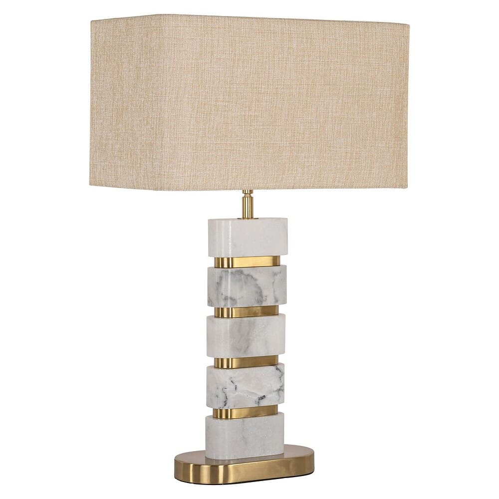 Elegant marmeren tafellamp met goudaccenten en beige stoffen kap, perfect voor moderne interieurs en sfeervolle verlichting.