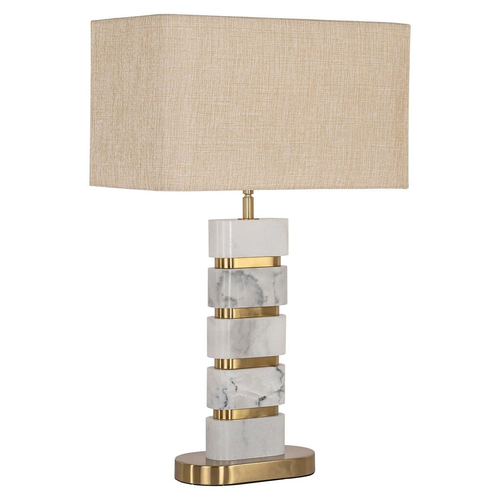 Elegant marmeren tafellamp met goudaccenten en beige stoffen kap, perfect voor moderne interieurs en sfeervolle verlichting.
