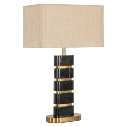 Elegant houten tafellamp met zwart marmer en gouden details, perfect als stijlvolle woonaccessoire.