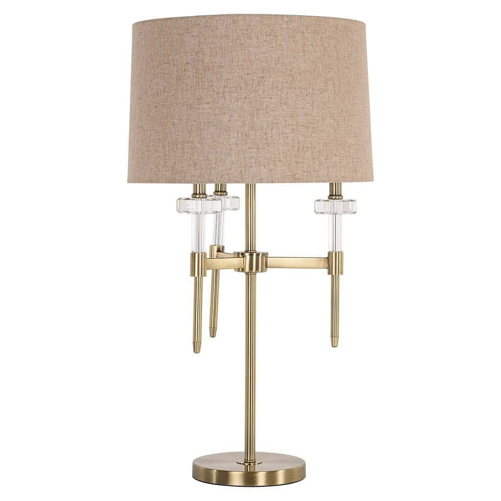 Elegante tafel- of bureau lamp met goudkleurige metalen voet en beige stoffen lampenkap, perfect voor modern interieur en stijlvolle woonstijl.