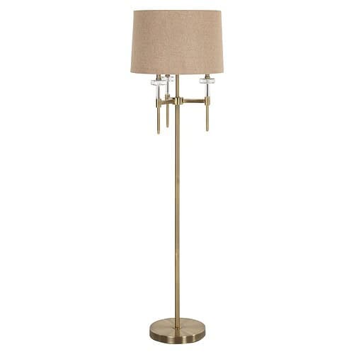 Chique vloerlamp met goudkleurig onderstel en stoffen lampenkap, perfect voor moderne woningen en interieurontwerp.