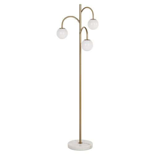 Hoogwaardige vloerlamp met gouden frame en witte glazen bolvormige lampen, perfect voor stijlvolle binnenverlichting.