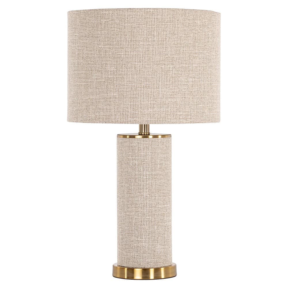 Zwarte lampenkap met goudkleurige basis en beige stoffen bekleding, stijlvolle verlichting voor woonkamer en slaapkamer.