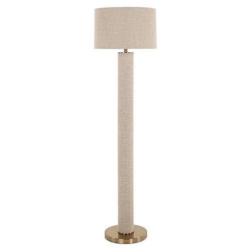 Elegante vloerlamp met stoffen kap en goudkleurige basis, perfect voor stijlvolle woon- of kantoorruimtes.