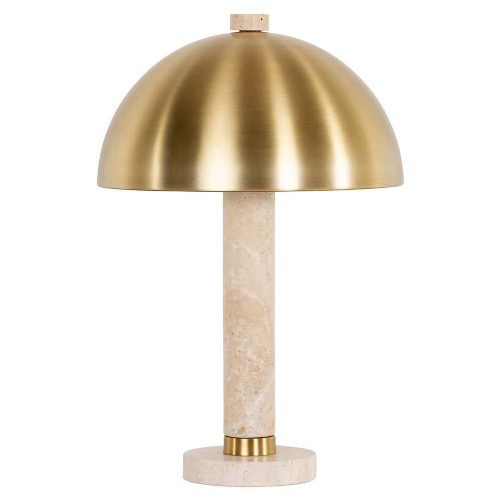 Elegante tafel- of bureau lamp met een halfronde gouden metalen kap, een witte marmeren voet en moderne luxe uitstraling voor in elk interieur.