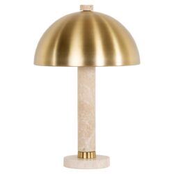 Elegante tafel- of bureau lamp met een halfronde gouden metalen kap, een witte marmeren voet en moderne luxe uitstraling voor in elk interieur.