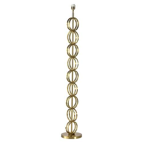 Gouden vloerlamp met cirkelvormige metalen elementen, modern design, stijlvolle verlichting voor woonkamer of kantoor. Perfect voor eigentijdse interieurdecoratie.