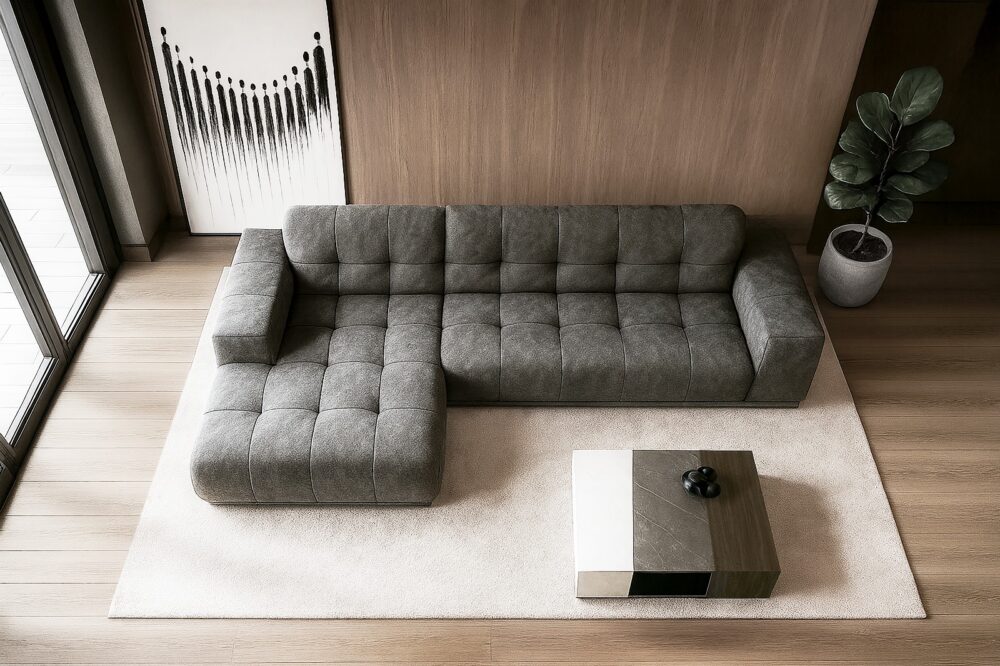 Loungebank Cozy met fraaie stiksels in stoere stof of natuurlijk africa leder.