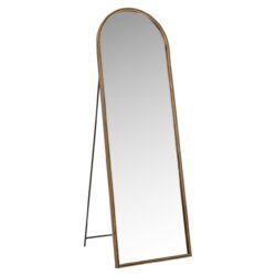 Stijlvolle vrijstaande horren spiegel met goudkleurig frame en slanke metalen standaard, perfect voor een elegante en functionele decoratie in huis.