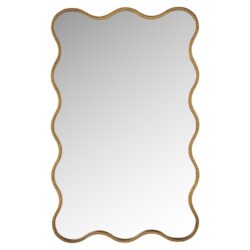 Elegante gouden wandspiegel met golvend houten frame, perfect voor een luxe interieur en decoratie in woonkamer of entree. Tijdloze design en hoogwaardige afwerking.